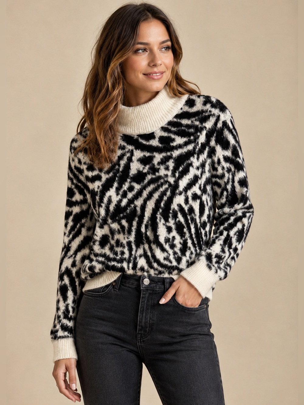 H&M Divided Black White Animal Print Cowl Neck Sweater | Cozy Chic | Sz S
